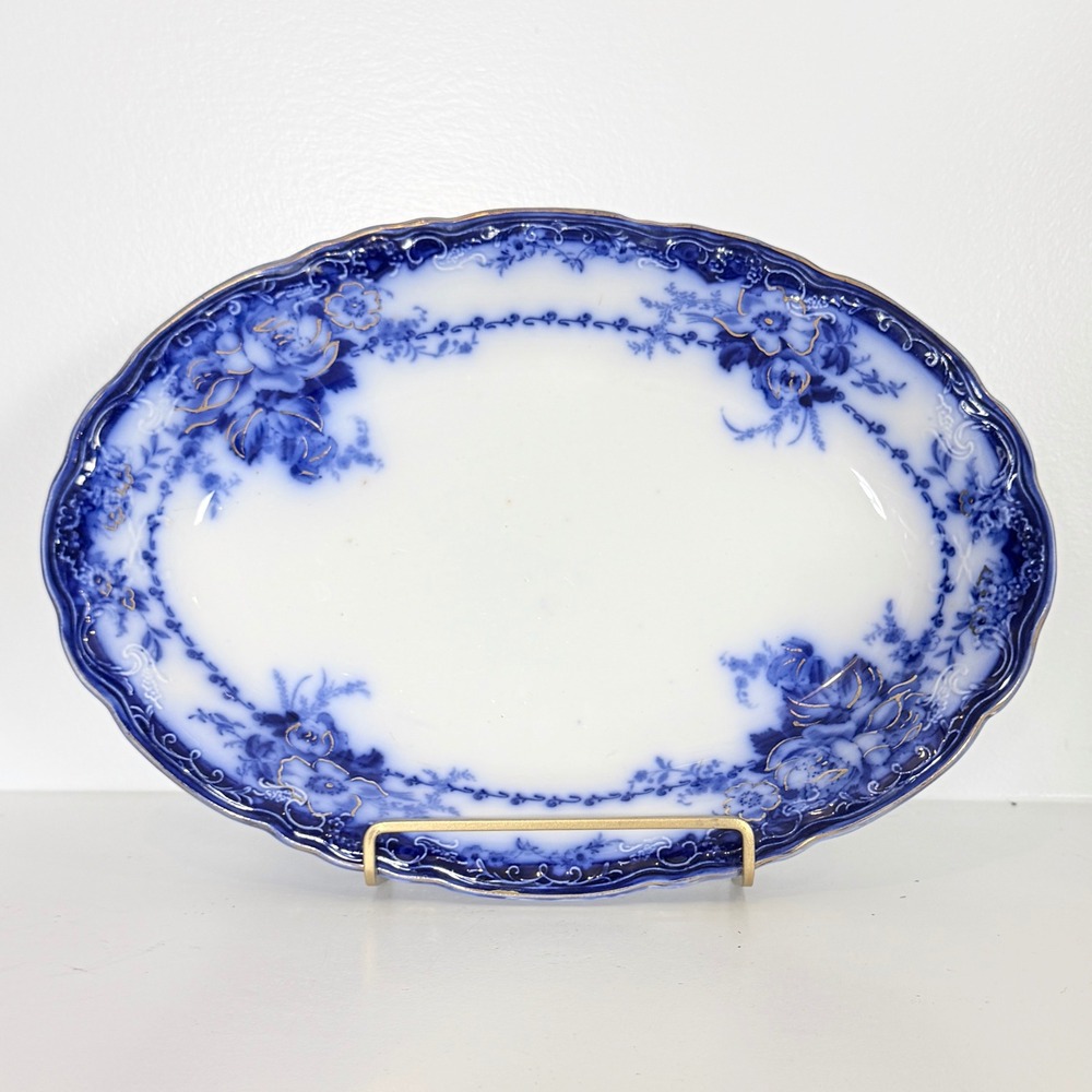 Alfred Meakin Ovando Flow Blue Serving Dish Oval Platter 14" Gold Gilt Antique